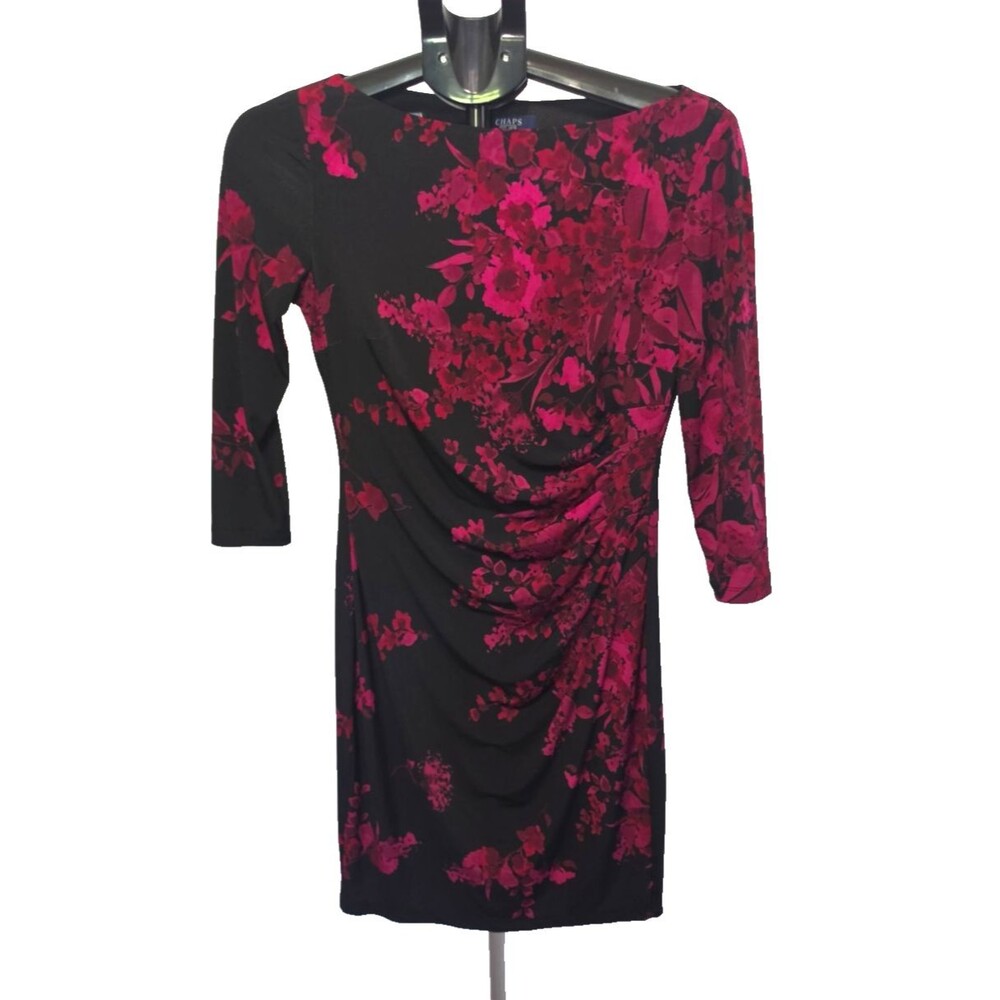 Chaps Est 1978 Pink Floral Black Dress Size Petite Small PS Stretch